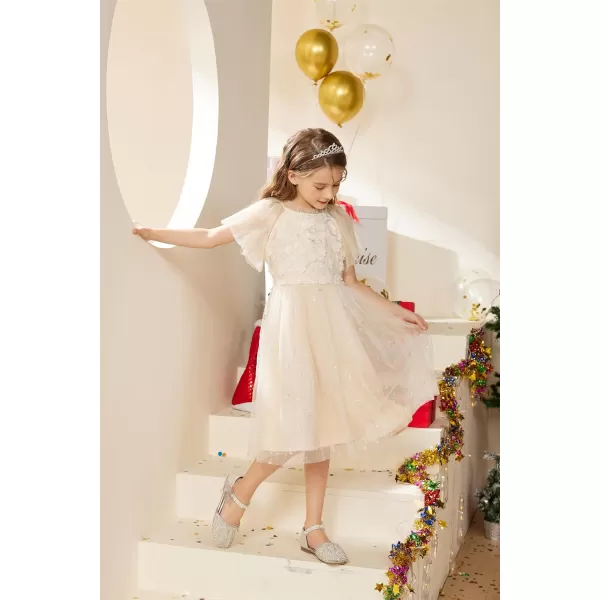 GRACE KARIN Girls Sequin Tulle Mesh Dress Ruffle Party Weeding Flower Shirred Tutu Dress 512Cream