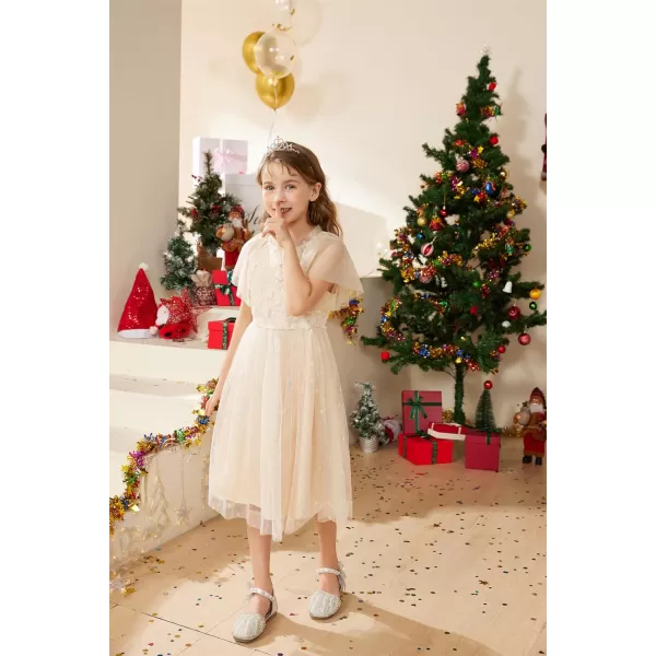 GRACE KARIN Girls Sequin Tulle Mesh Dress Ruffle Party Weeding Flower Shirred Tutu Dress 512Cream