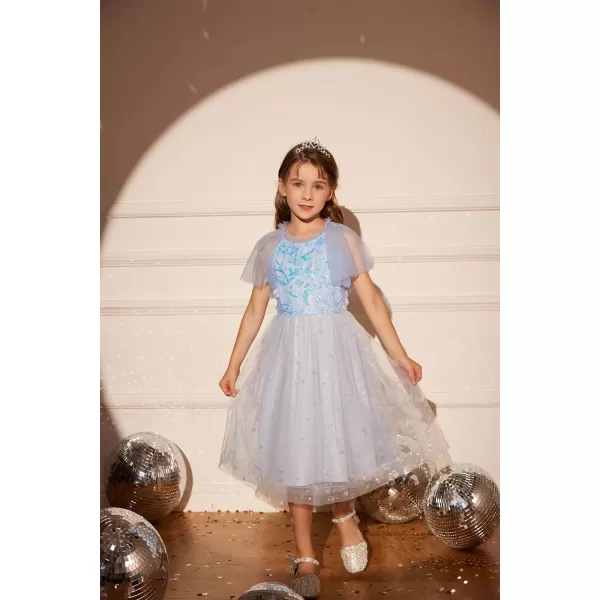 GRACE KARIN Girls Sequin Tulle Mesh Dress Ruffle Party Weeding Flower Shirred Tutu Dress 512Light Blue