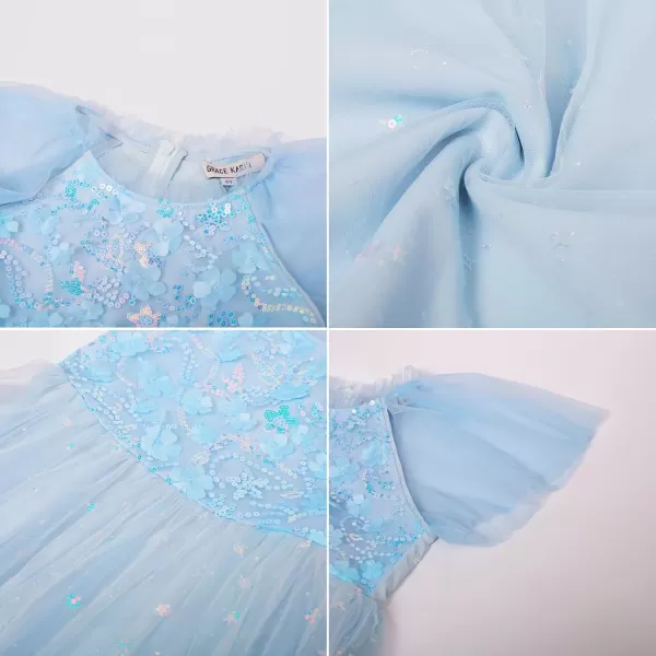 GRACE KARIN Girls Sequin Tulle Mesh Dress Ruffle Party Weeding Flower Shirred Tutu Dress 512Light Blue