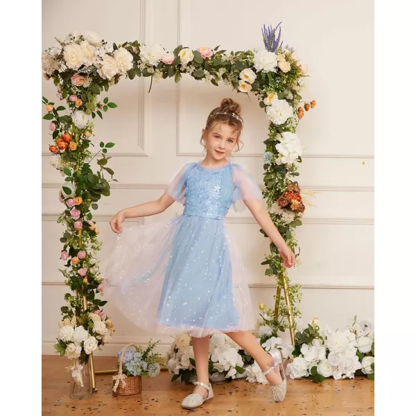 GRACE KARIN Girls Sequin Tulle Mesh Dress Ruffle Party Weeding Flower Shirred Tutu Dress 512Light Blue