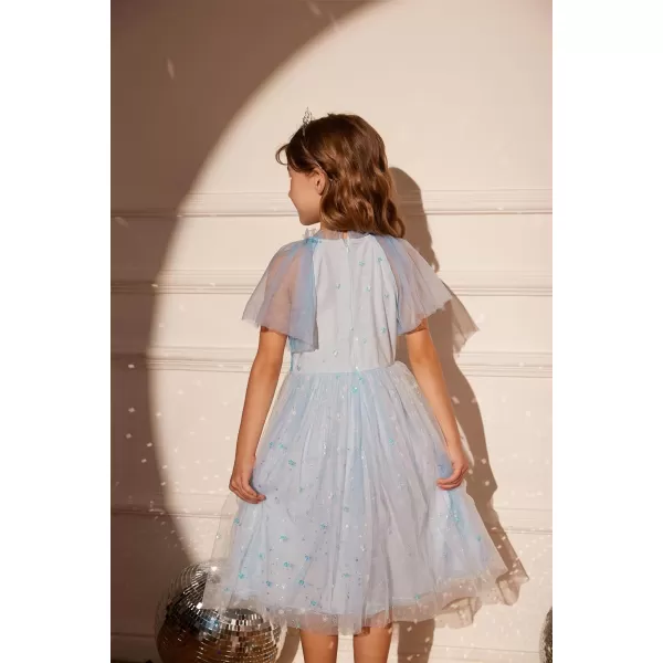 GRACE KARIN Girls Sequin Tulle Mesh Dress Ruffle Party Weeding Flower Shirred Tutu Dress 512Light Blue