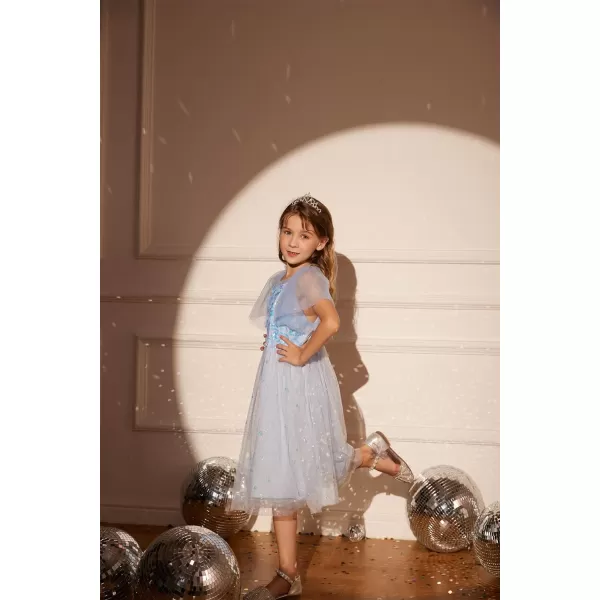 GRACE KARIN Girls Sequin Tulle Mesh Dress Ruffle Party Weeding Flower Shirred Tutu Dress 512Light Blue