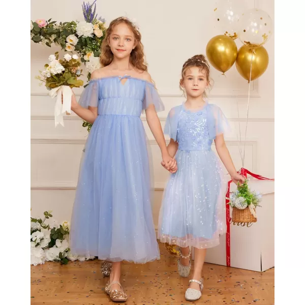 GRACE KARIN Girls Sequin Tulle Mesh Dress Ruffle Party Weeding Flower Shirred Tutu Dress 512Light Blue