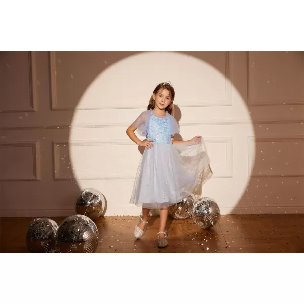 GRACE KARIN Girls Sequin Tulle Mesh Dress Ruffle Party Weeding Flower Shirred Tutu Dress 512Light Blue