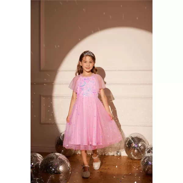 GRACE KARIN Girls Sequin Tulle Mesh Dress Ruffle Party Weeding Flower Shirred Tutu Dress 512Peach Pink