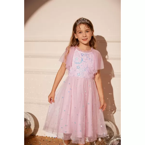 GRACE KARIN Girls Sequin Tulle Mesh Dress Ruffle Party Weeding Flower Shirred Tutu Dress 512Pink