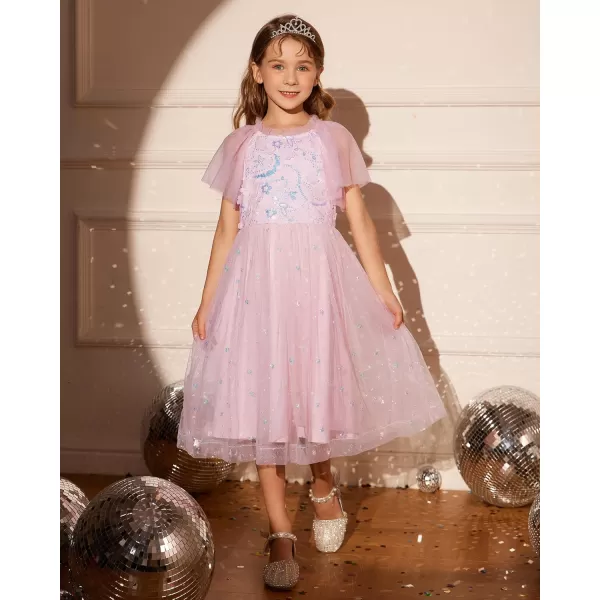 GRACE KARIN Girls Sequin Tulle Mesh Dress Ruffle Party Weeding Flower Shirred Tutu Dress 512Pink