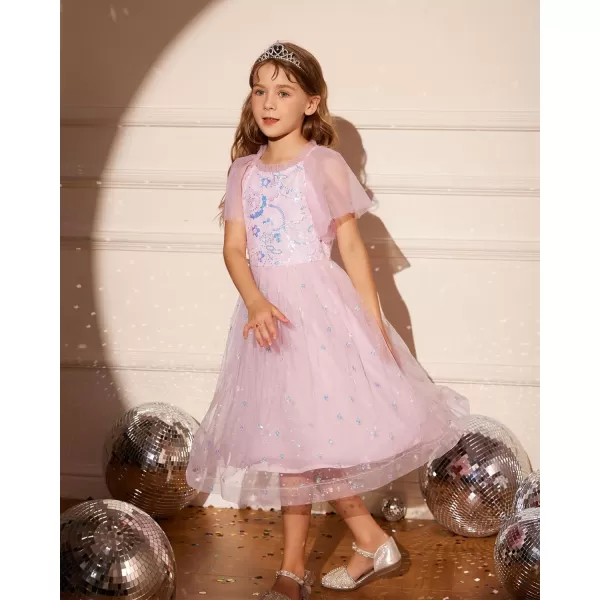 GRACE KARIN Girls Sequin Tulle Mesh Dress Ruffle Party Weeding Flower Shirred Tutu Dress 512Pink