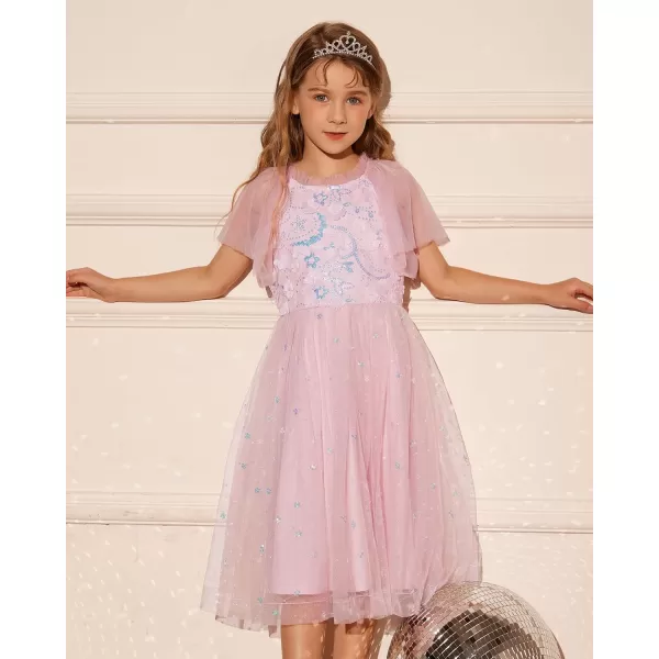 GRACE KARIN Girls Sequin Tulle Mesh Dress Ruffle Party Weeding Flower Shirred Tutu Dress 512Pink