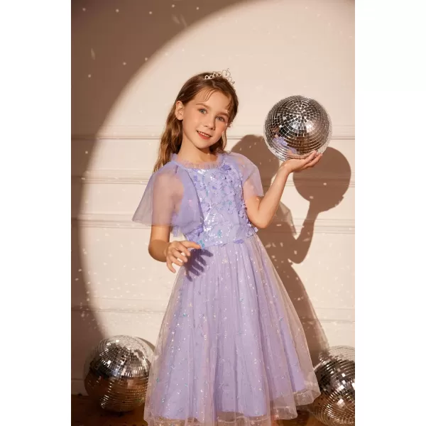 GRACE KARIN Girls Sequin Tulle Mesh Dress Ruffle Party Weeding Flower Shirred Tutu Dress 512Purple