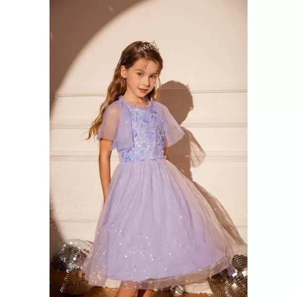 GRACE KARIN Girls Sequin Tulle Mesh Dress Ruffle Party Weeding Flower Shirred Tutu Dress 512Purple