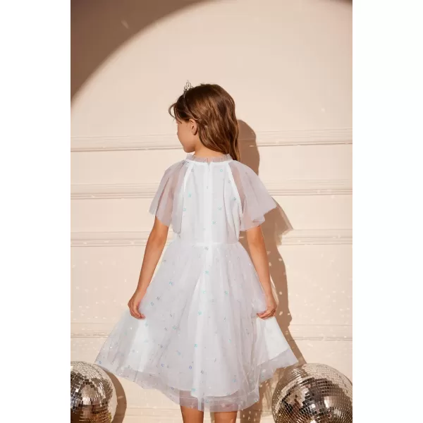 GRACE KARIN Girls Sequin Tulle Mesh Dress Ruffle Party Weeding Flower Shirred Tutu Dress 512White