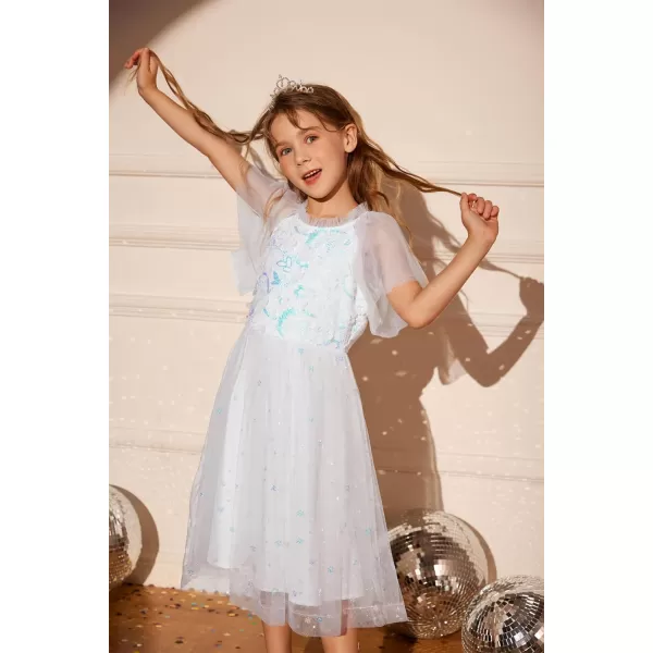 GRACE KARIN Girls Sequin Tulle Mesh Dress Ruffle Party Weeding Flower Shirred Tutu Dress 512White