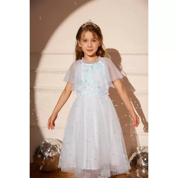 GRACE KARIN Girls Sequin Tulle Mesh Dress Ruffle Party Weeding Flower Shirred Tutu Dress 512White