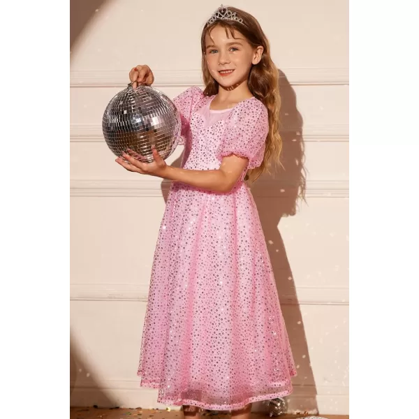 GRACE KARIN Girls Sequin Velvet Dress Short Sleeve Sparkly Tulle Princess Party Maxi Dress 512YPink