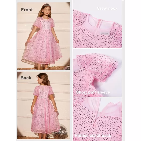 GRACE KARIN Girls Sequin Velvet Dress Short Sleeve Sparkly Tulle Princess Party Maxi Dress 512YPink