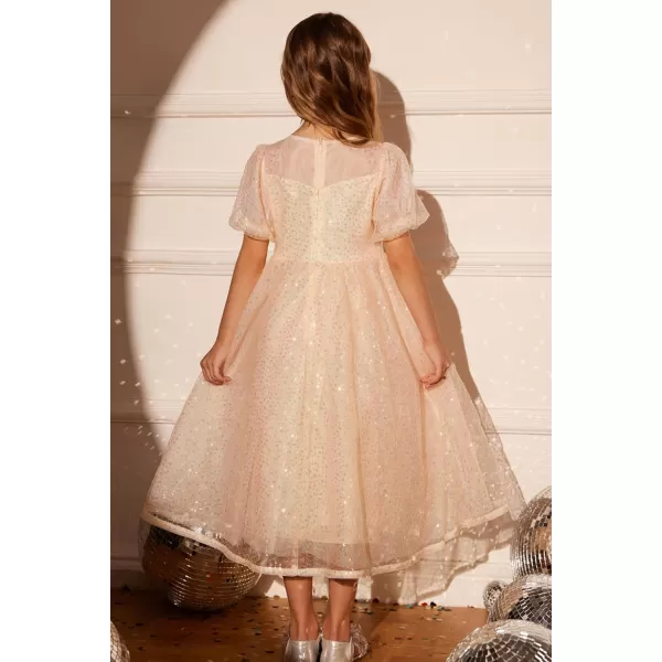 GRACE KARIN Girls Sequin Velvet Dress Short Sleeve Sparkly Tulle Princess Party Maxi Dress 512YRose Gold