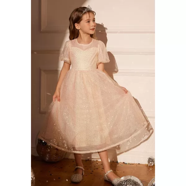 GRACE KARIN Girls Sequin Velvet Dress Short Sleeve Sparkly Tulle Princess Party Maxi Dress 512YRose Gold