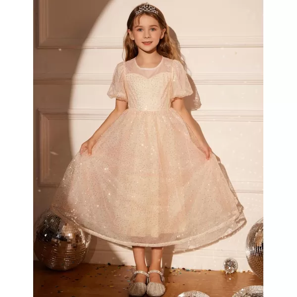 GRACE KARIN Girls Sequin Velvet Dress Short Sleeve Sparkly Tulle Princess Party Maxi Dress 512YRose Gold