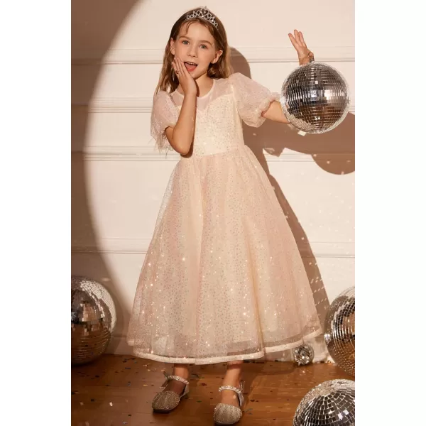 GRACE KARIN Girls Sequin Velvet Dress Short Sleeve Sparkly Tulle Princess Party Maxi Dress 512YRose Gold