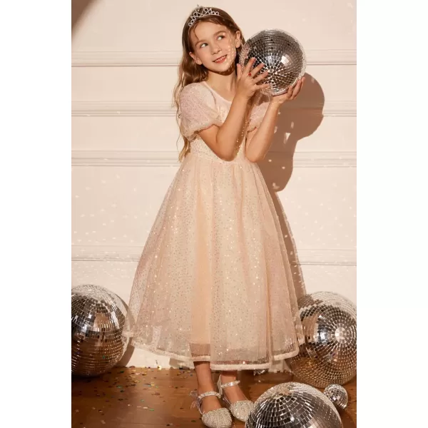 GRACE KARIN Girls Sequin Velvet Dress Short Sleeve Sparkly Tulle Princess Party Maxi Dress 512YRose Gold