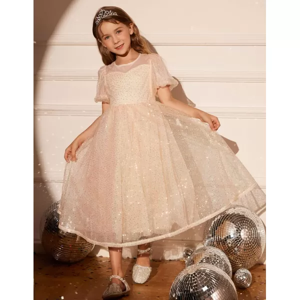 GRACE KARIN Girls Sequin Velvet Dress Short Sleeve Sparkly Tulle Princess Party Maxi Dress 512YRose Gold