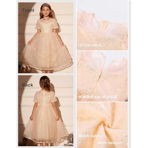 GRACE KARIN Girls Sequin Velvet Dress Short Sleeve Sparkly Tulle Princess Party Maxi Dress 512YRose Gold