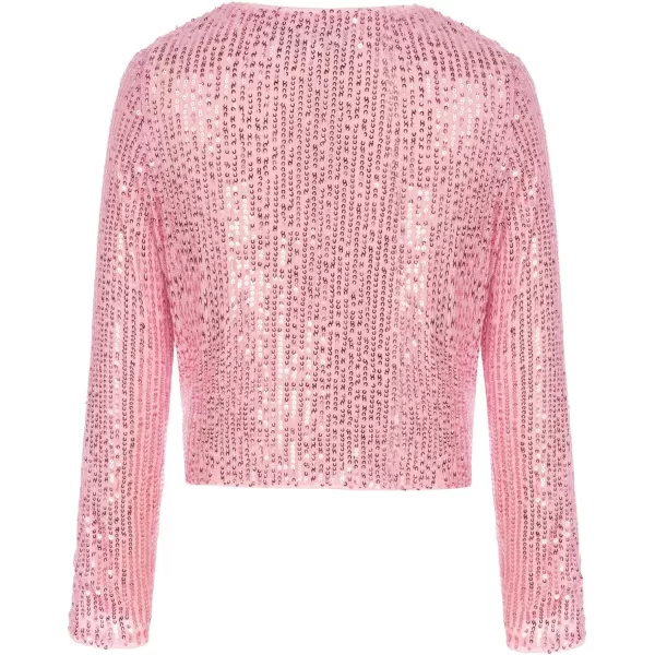 GRACE KARIN Girls Sequins Cardigan Crewneck Long Sleeve Shiny Girls Bolero ShrugPink