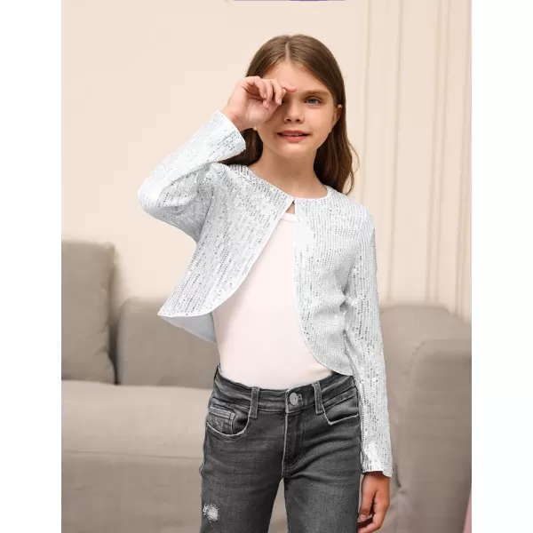 GRACE KARIN Girls Sequins Cardigan Crewneck Long Sleeve Shiny Girls Bolero ShrugSilver