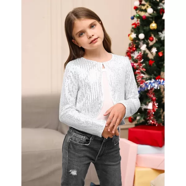 GRACE KARIN Girls Sequins Cardigan Crewneck Long Sleeve Shiny Girls Bolero ShrugSilver