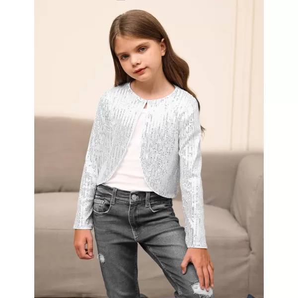 GRACE KARIN Girls Sequins Cardigan Crewneck Long Sleeve Shiny Girls Bolero ShrugSilver