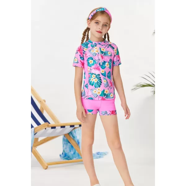 GRACE KARIN Girls Short Sleeve Rash Guard Girls 2Piece Swimsuit Set for 512YPink Flower