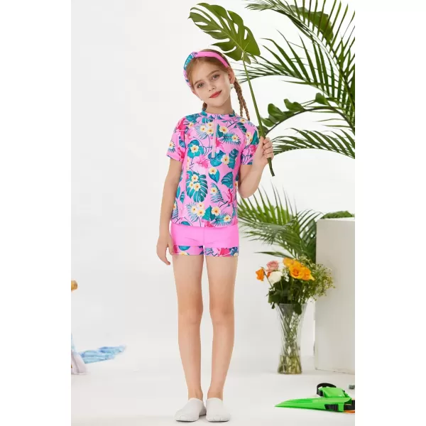 GRACE KARIN Girls Short Sleeve Rash Guard Girls 2Piece Swimsuit Set for 512YPink Flower