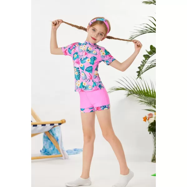 GRACE KARIN Girls Short Sleeve Rash Guard Girls 2Piece Swimsuit Set for 512YPink Flower