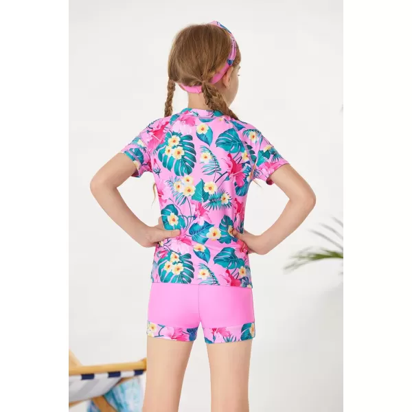 GRACE KARIN Girls Short Sleeve Rash Guard Girls 2Piece Swimsuit Set for 512YPink Flower