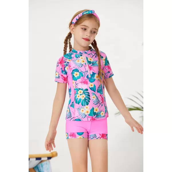 GRACE KARIN Girls Short Sleeve Rash Guard Girls 2Piece Swimsuit Set for 512YPink Flower