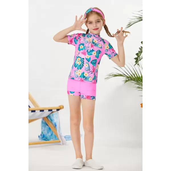 GRACE KARIN Girls Short Sleeve Rash Guard Girls 2Piece Swimsuit Set for 512YPink Flower