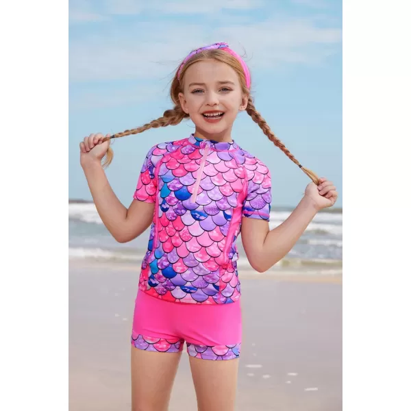 GRACE KARIN Girls Short Sleeve Rash Guard Girls 2Piece Swimsuit Set for 512YRose Red Mermaid