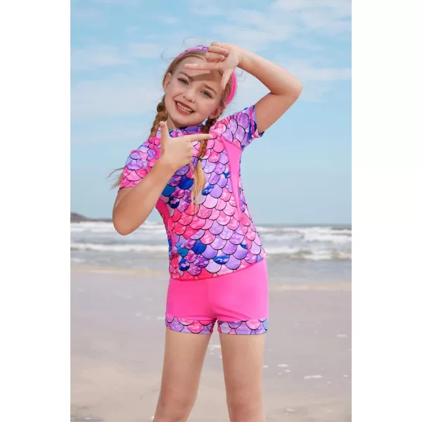 GRACE KARIN Girls Short Sleeve Rash Guard Girls 2Piece Swimsuit Set for 512YRose Red Mermaid