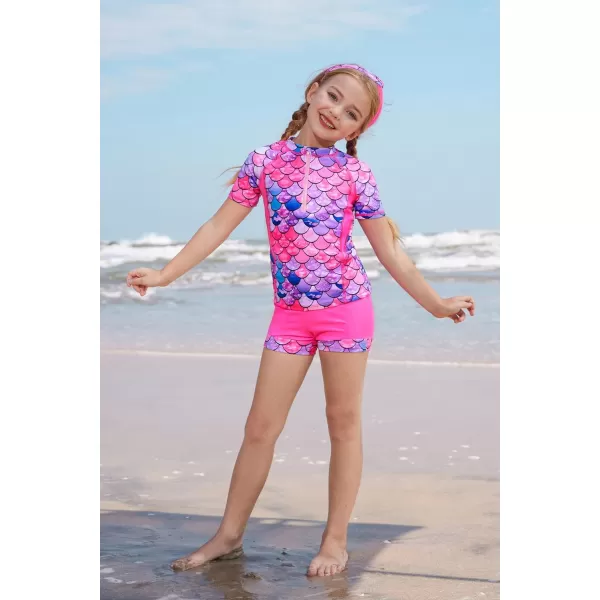 GRACE KARIN Girls Short Sleeve Rash Guard Girls 2Piece Swimsuit Set for 512YRose Red Mermaid