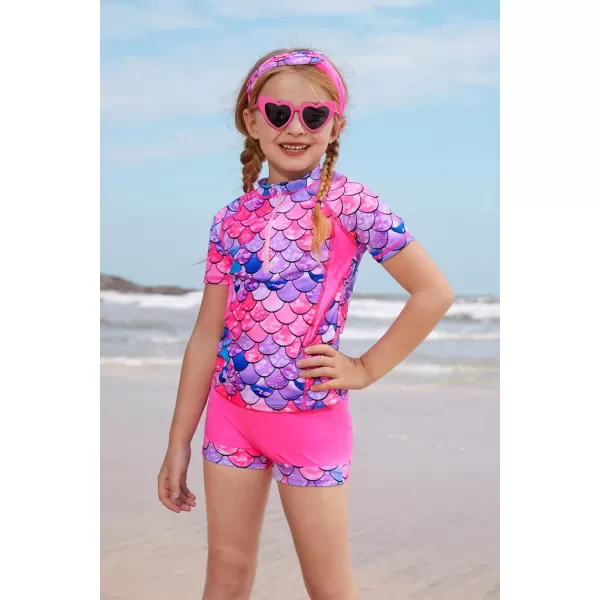 GRACE KARIN Girls Short Sleeve Rash Guard Girls 2Piece Swimsuit Set for 512YRose Red Mermaid