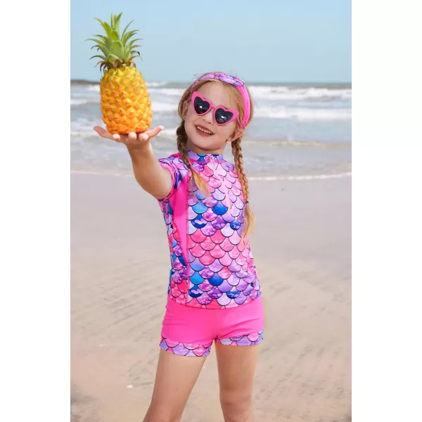 GRACE KARIN Girls Short Sleeve Rash Guard Girls 2Piece Swimsuit Set for 512YRose Red Mermaid