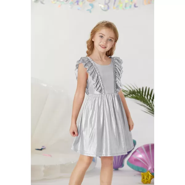 GRACE KARIN Girls Sleeveless Metallic Ruffle Decoration Party Dress Girls Cute Spring Dress 512YSilver