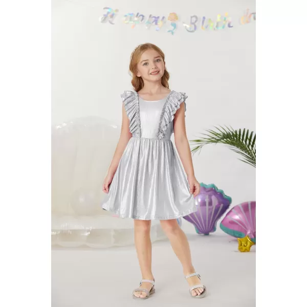 GRACE KARIN Girls Sleeveless Metallic Ruffle Decoration Party Dress Girls Cute Spring Dress 512YSilver