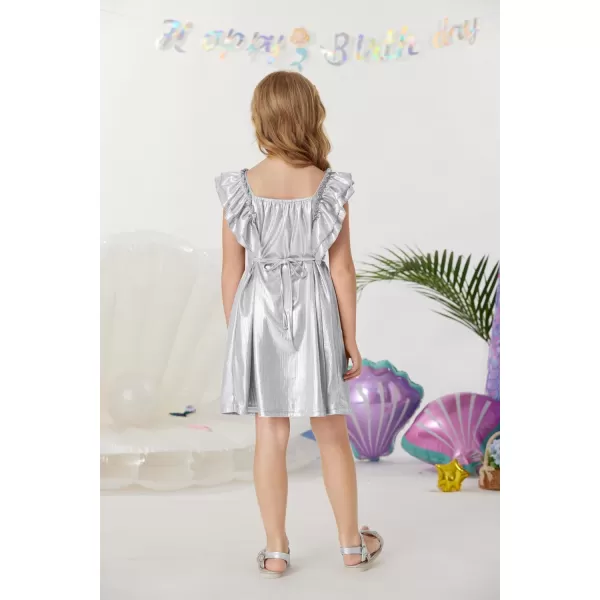 GRACE KARIN Girls Sleeveless Metallic Ruffle Decoration Party Dress Girls Cute Spring Dress 512YSilver