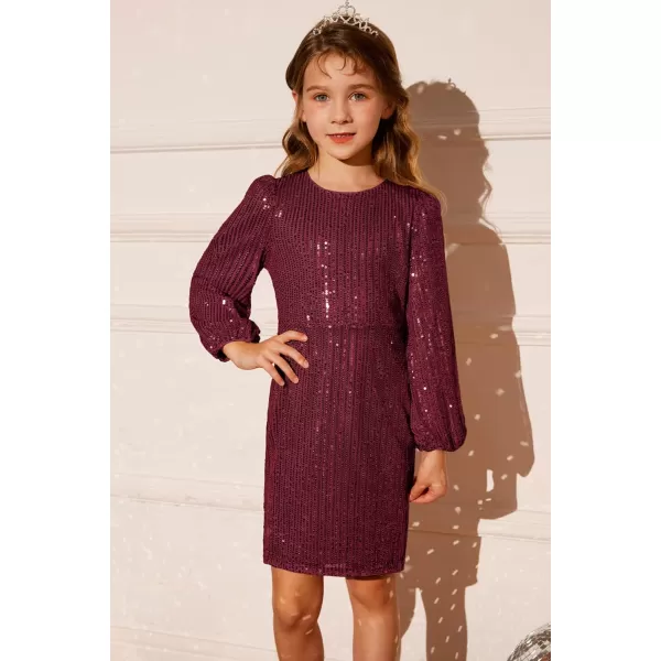 GRACE KARIN Girls Sparkly Sequin Dress Long Sleeve Bodycon Fancy Party Dress 512YBurgundy