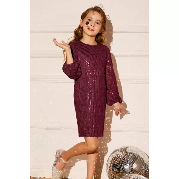 GRACE KARIN Girls Sparkly Sequin Dress Long Sleeve Bodycon Fancy Party Dress 512YBurgundy