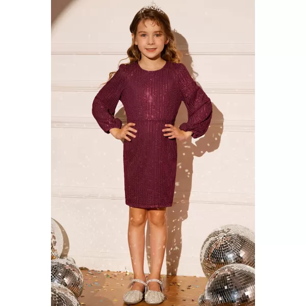 GRACE KARIN Girls Sparkly Sequin Dress Long Sleeve Bodycon Fancy Party Dress 512YBurgundy