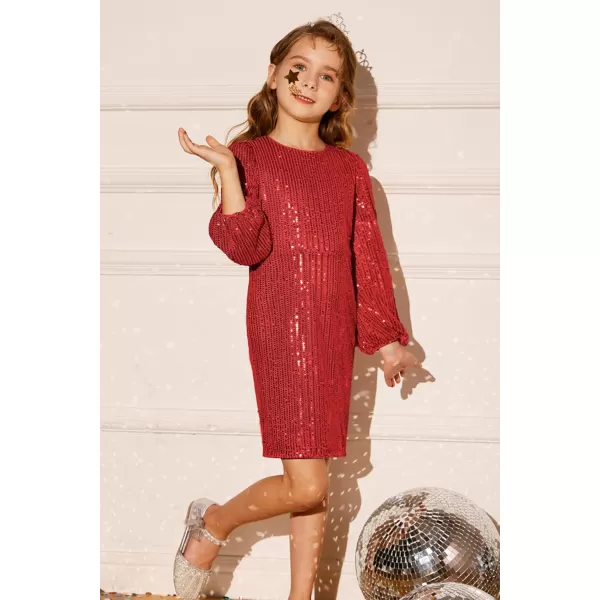 GRACE KARIN Girls Sparkly Sequin Dress Long Sleeve Bodycon Fancy Party Dress 512YRed